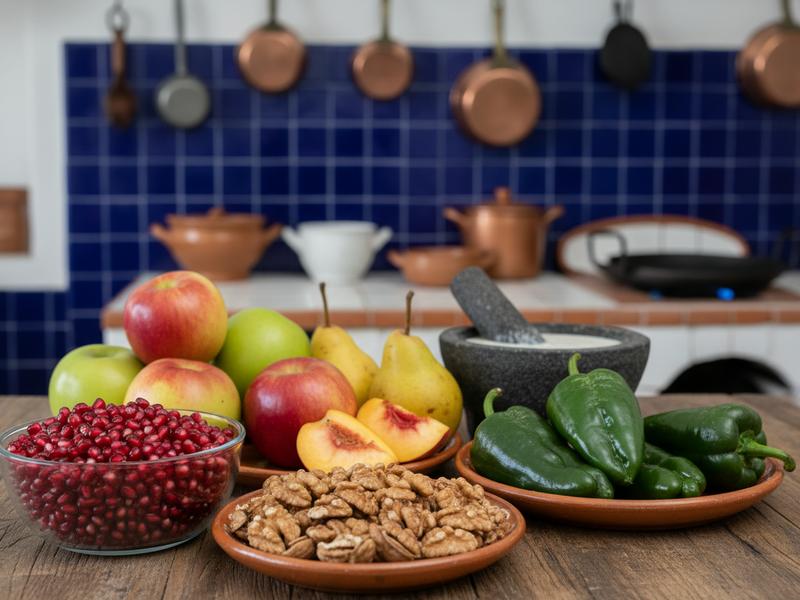 Fresh walnuts, pomegranate, poblano peppers, apples, pears, and peaches on a table
