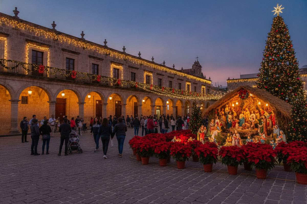 Christmas lights and a nativity display in a colonial plaza in Mexico