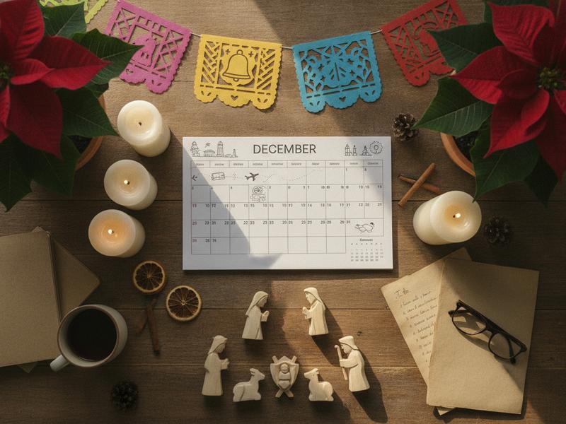 Travel calendar with December dates, candles, poinsettias, and Mexican Christmas decorations