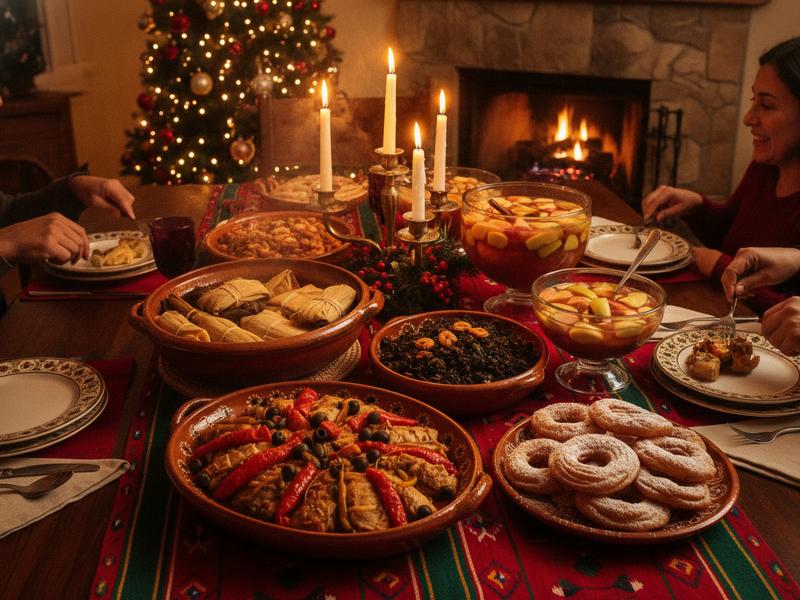 Mexican Christmas dinner table with tamales, bacalao, romeritos, ponche, and buñuelos