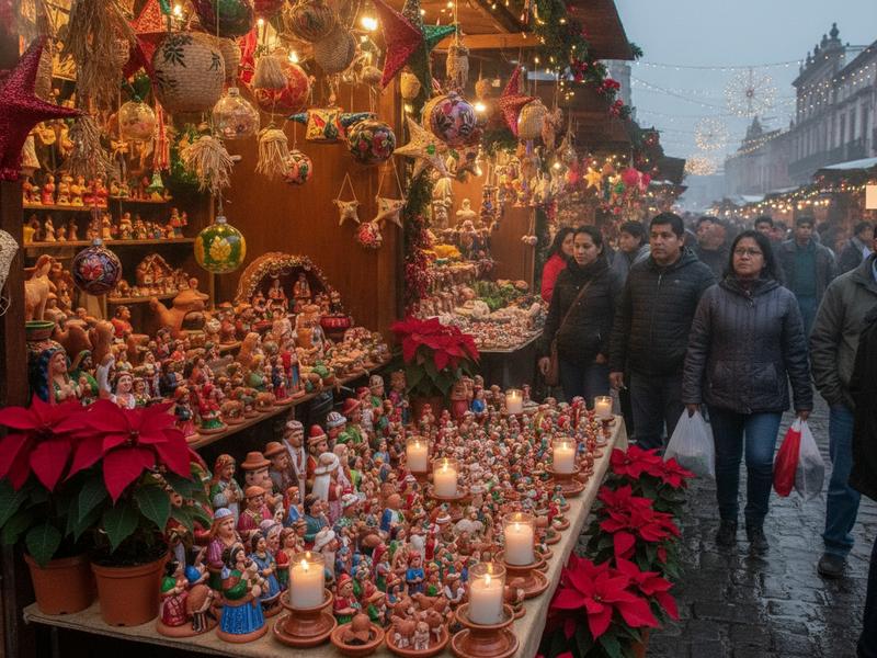 Mexican Christmas market stall with nativity figures, poinsettias, candles, and ornaments