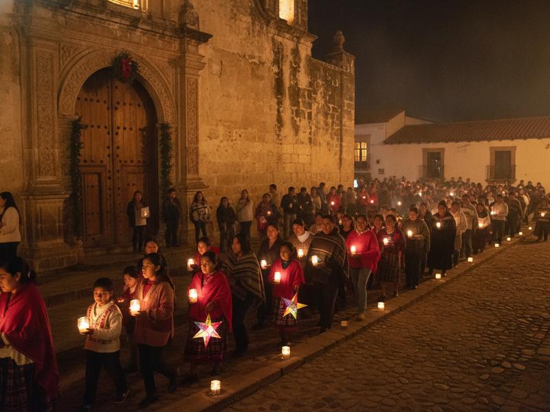 Candlelit Las Posadas procession outside a colonial church in Mexico