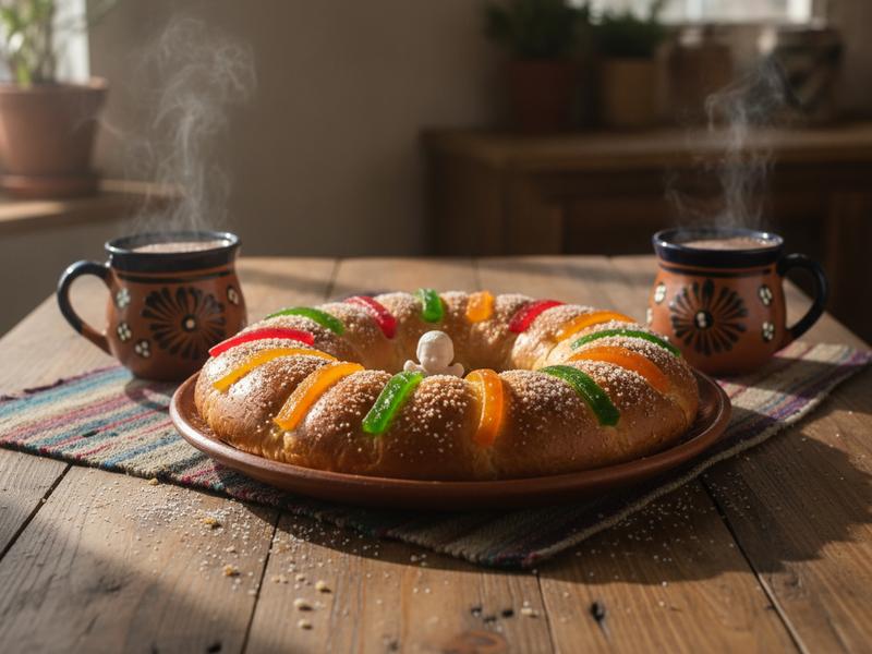 Rosca de Reyes bread with hot chocolate and small figurines for Three Kings Day in Mexico
