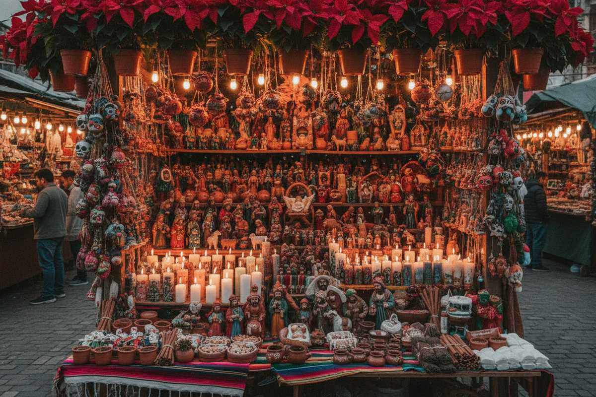 Mexican Christmas market stall with poinsettias and nativity figures
