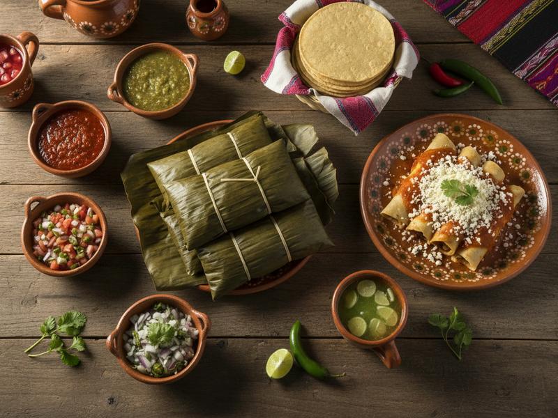 Traditional Huasteca food including enchiladas and zacahuil on table