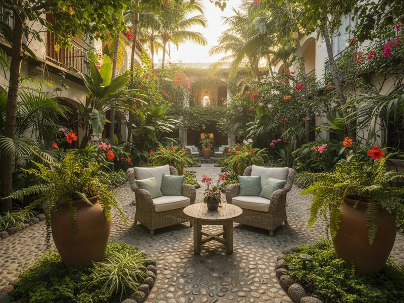 Courtyard of boutique hotel in Ciudad Valles with tropical garden