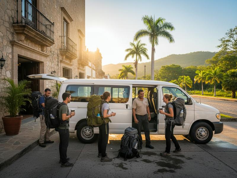 Tour van picking up travelers at Ciudad Valles hotel