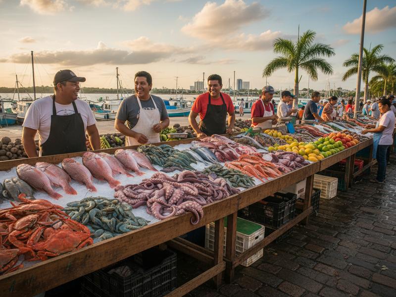 Seafood plates on a Coatzacoalcos restaurant table with Gulf Coast sauces and cold drinks