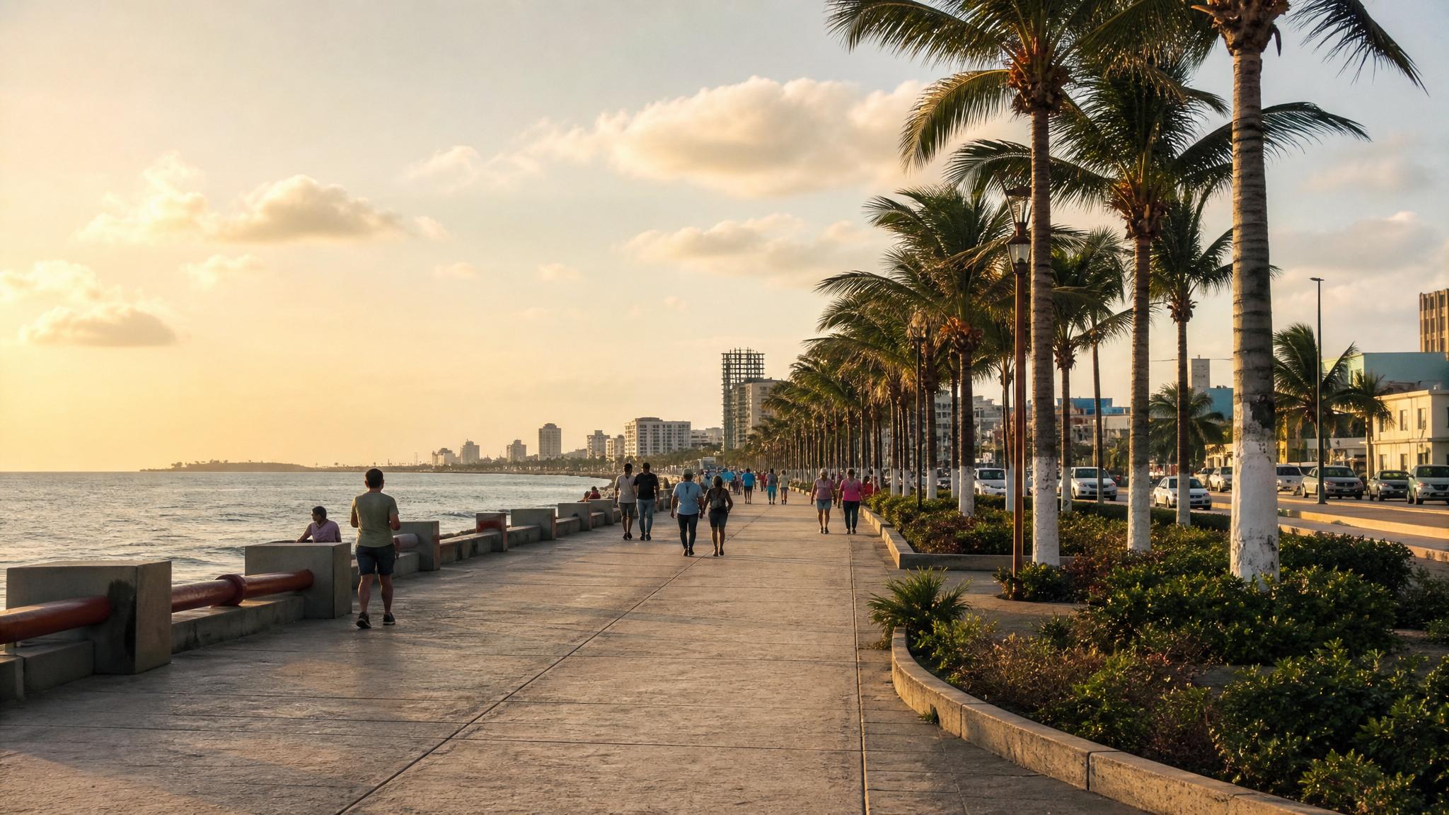 Coatzacoalcos malecon in November with Gulf water, palms, warm light, and dry-season clouds