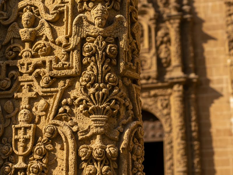 Close-up architectural detail of an ornate Baroque church doorway in Mexico with intricate carved stone featuring angels and religious symbols in weathered golden cantera stone