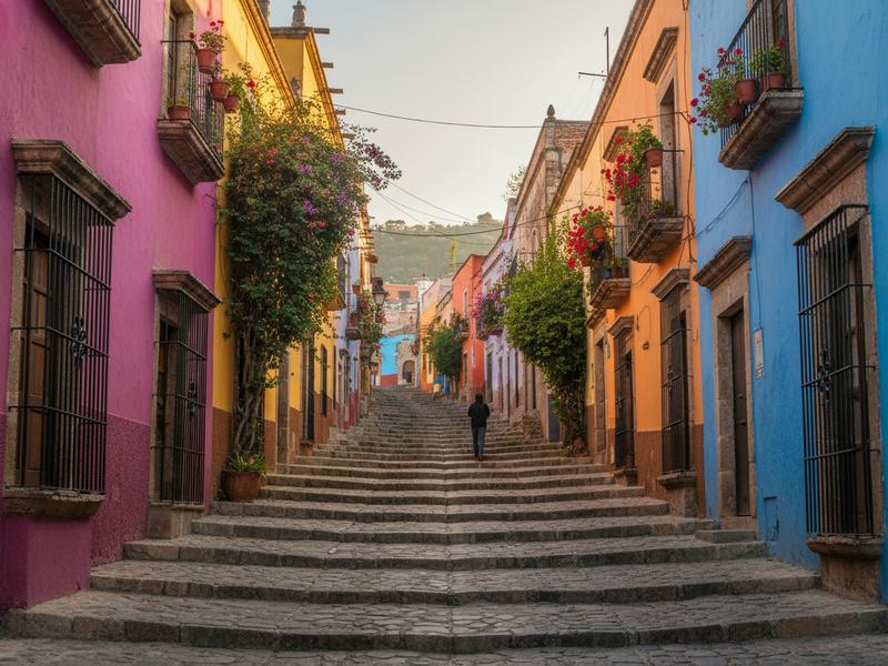 Street-level photograph of a narrow callejon alley in Guanajuato Mexico climbing uphill with colorful pink yellow orange and blue painted buildings and traditional wrought iron balconies