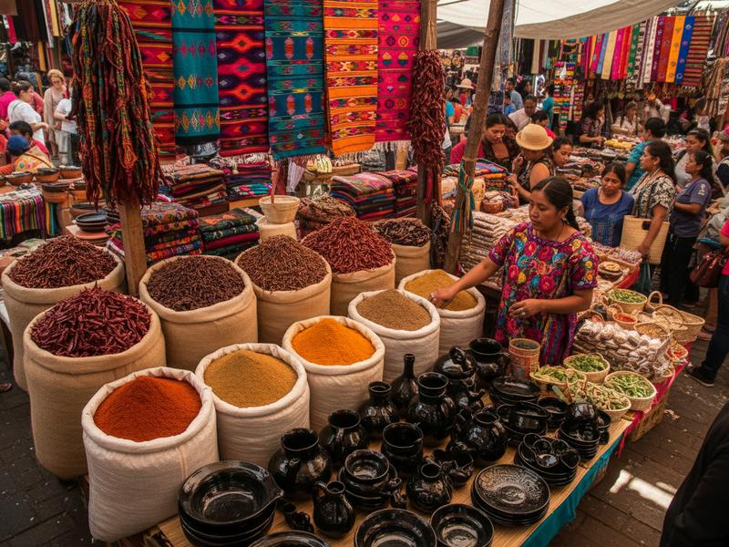 Vibrant overhead shot of a traditional Mexican market stall with colorful textiles and woven rugs in geometric patterns dried chiles and spices in burlap sacks and traditional black pottery