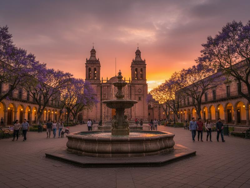 Romantic sunset photograph of a colonial Mexican plaza with ornate stone fountain couples strolling on evening paseo colonial arcade buildings with warm lights and massive pink-stone cathedral silhouetted against orange and purple sky