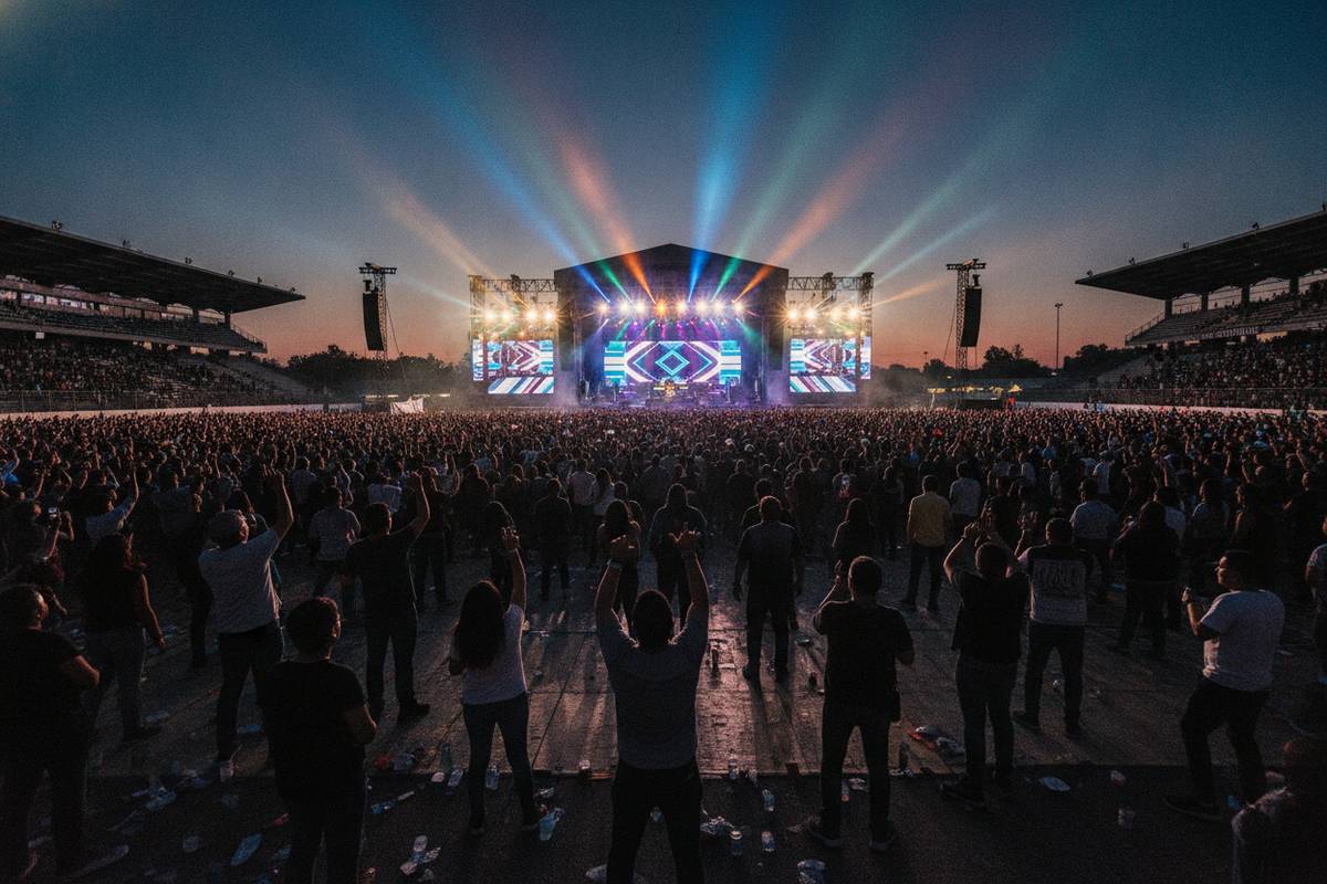 Fans facing a brightly lit stage at Corona Capital in Mexico City