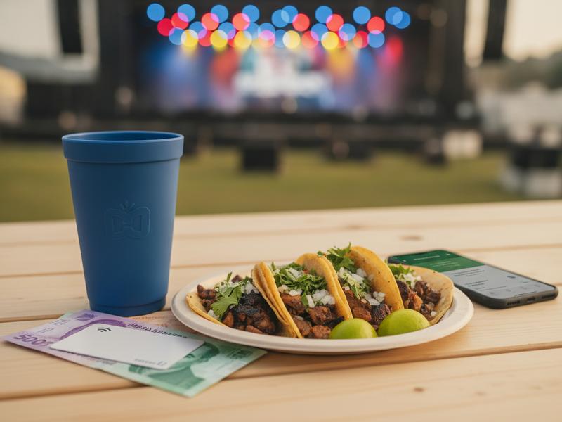 Festival food, reusable cup, payment card, and Mexican peso notes on a table