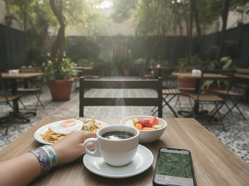 Quiet morning café table in Mexico City before an evening music festival