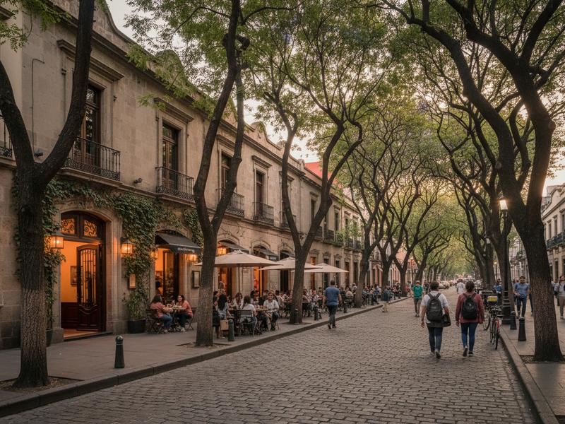 Tree-lined Roma Norte street with a small Mexico City hotel and evening restaurants