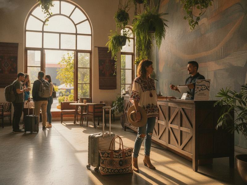 Traveler arriving at a Mexico City hotel with small luggage before a music festival