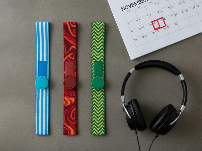 Three festival day wristbands labeled Friday Saturday and Sunday beside headphones