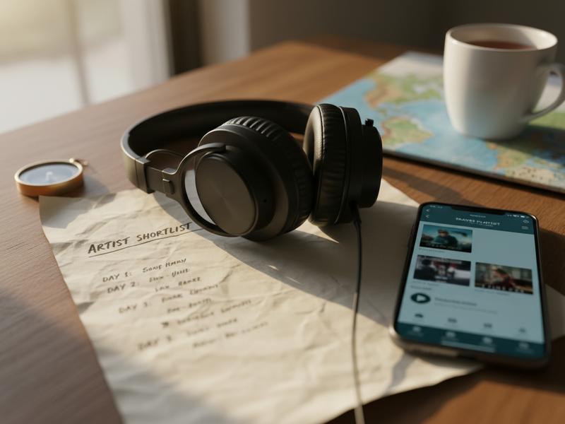 Headphones beside a handwritten shortlist of Corona Capital artists organized by day