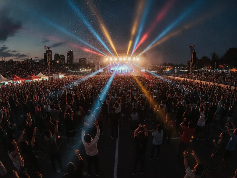 Energetic rock crowd under stage lights during the Saturday festival program