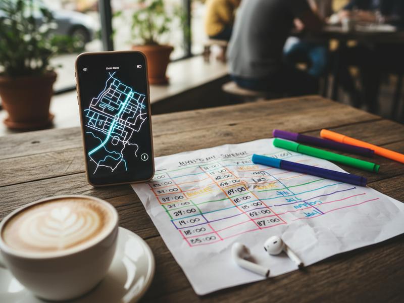 Festival schedule, phone map, and colored priority marks on a café table