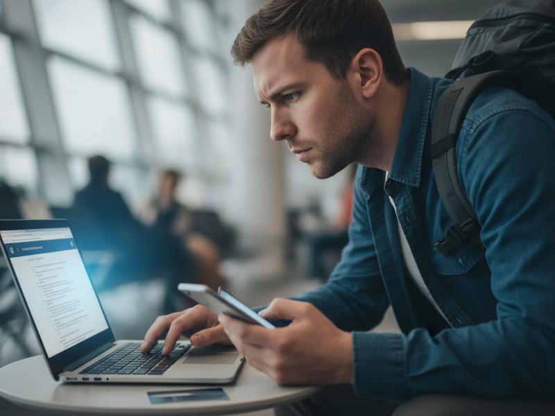 Traveler verifying an official festival URL before entering payment information