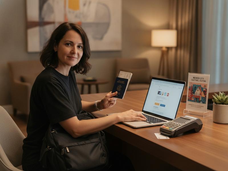 Traveler using a passport and credit card during an official festival ticket checkout
