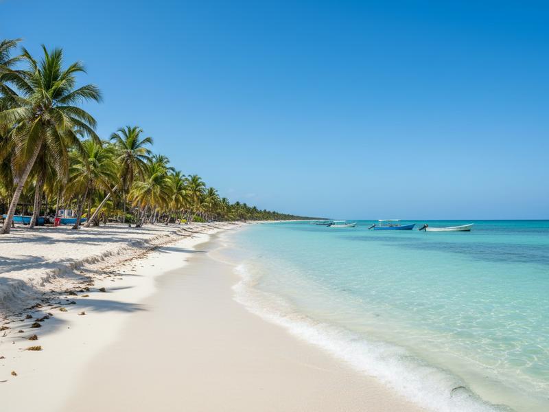 Protected west-coast Cozumel beach with calm water beside a rocky reef edge
