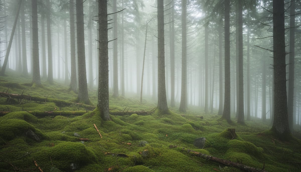 Mist covered pine forest in Cuajimoloyas cloud forest