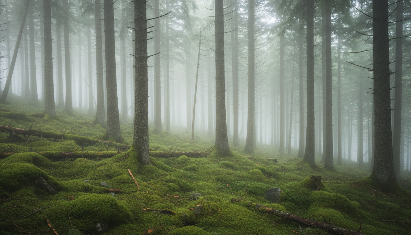 Mist covered pine forest in Cuajimoloyas cloud forest