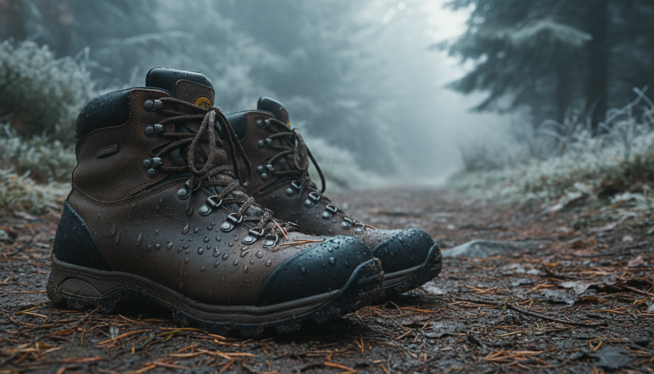 Hiker walking through a foggy and damp forest trail