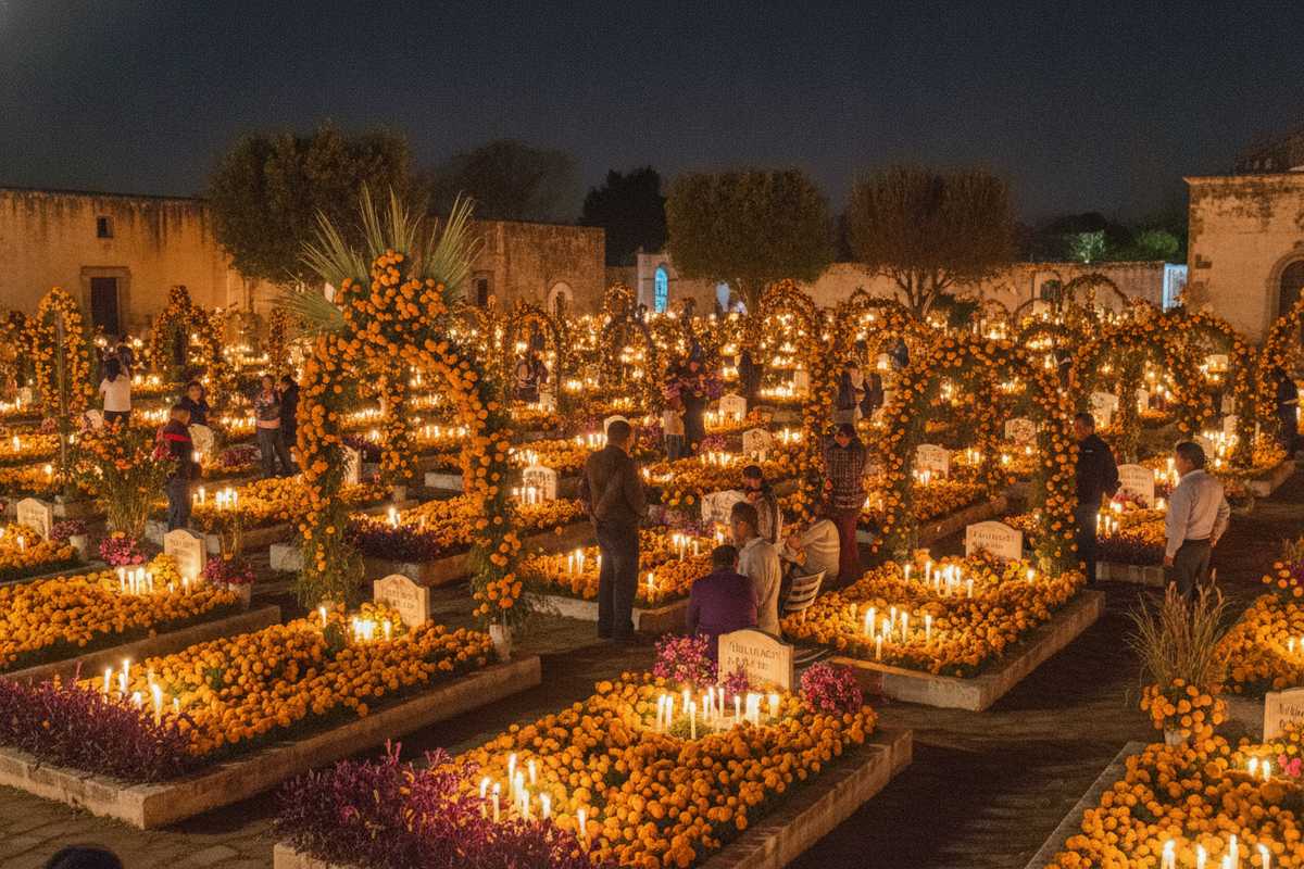 Candlelit cemetery with marigold arches during Day of the Dead in Michoacán