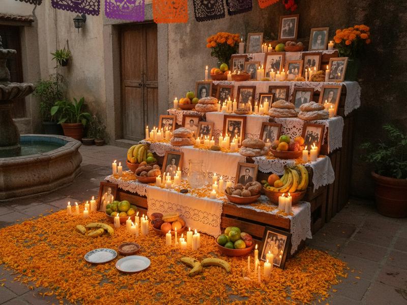 Michoacán ofrenda arranged with cempasúchil flowers candles fruit and family photographs