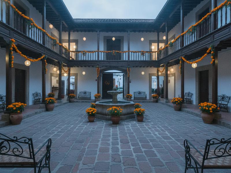 Traditional hotel courtyard in central Pátzcuaro decorated with marigolds for Day of the Dead