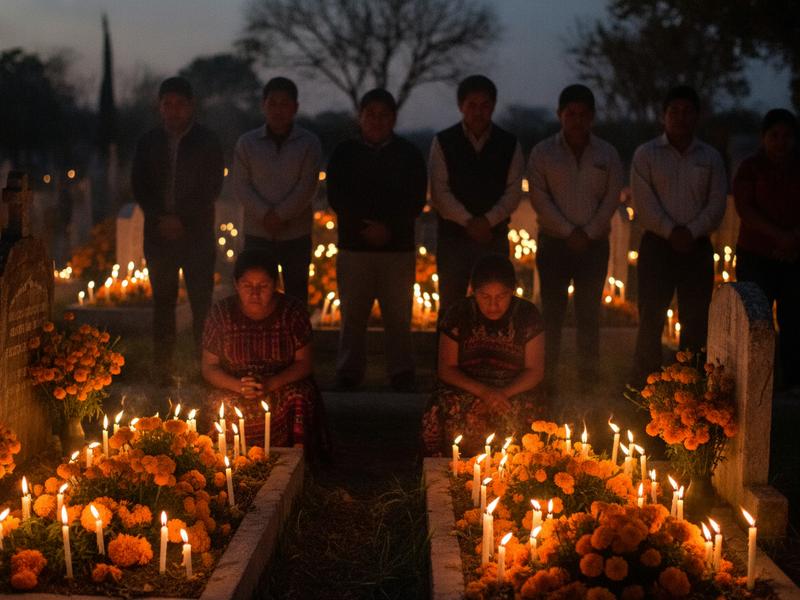 Visitors standing quietly behind families at a candlelit Michoacán cemetery vigil