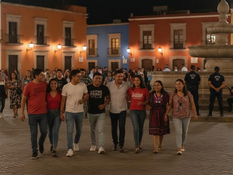 Festival Cervantino visitors walking through a well-lit Guanajuato plaza after a performance