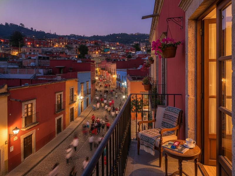 Small hotel balcony above Guanajuato Centro during Festival Cervantino