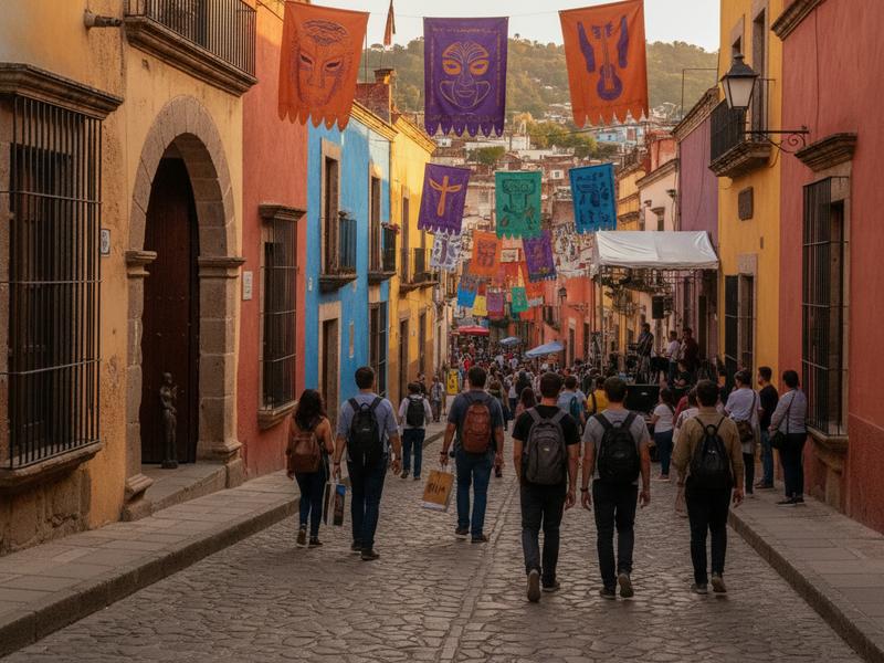 Travelers walking between colorful Guanajuato streets and Cervantino venues
