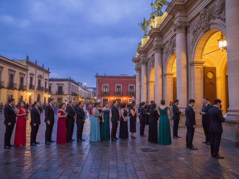 Ticket holders entering Teatro Juárez during Festival Cervantino in Guanajuato