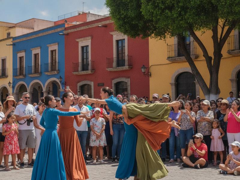 Daytime Cervantino street performance in a sunny Guanajuato plaza