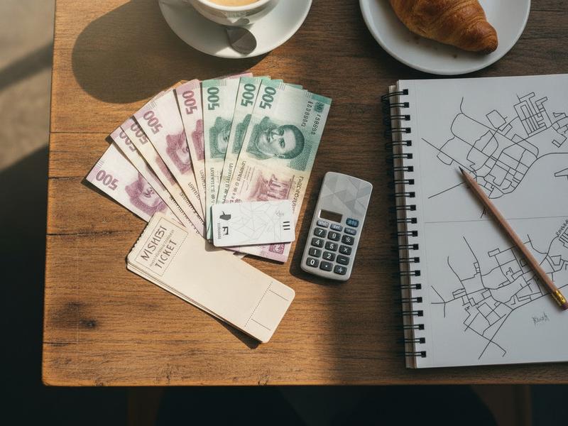 Peso notes tickets and a notebook showing a Festival Cervantino trip budget