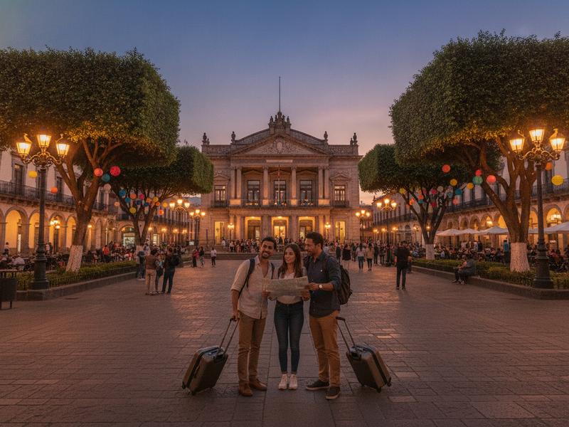 Jardín de la Unión and Teatro Juárez at dusk during Festival Cervantino