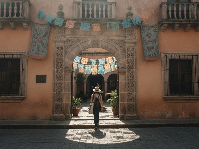 Traveler entering a small Guanajuato art museum on the final Cervantino day