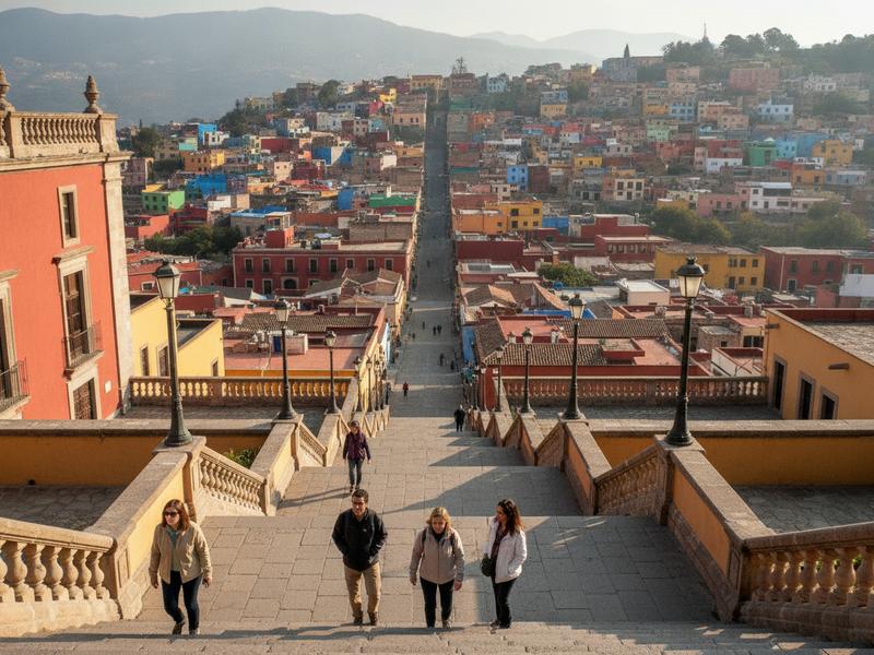 Guanajuato university steps and colorful houses on a clear October morning