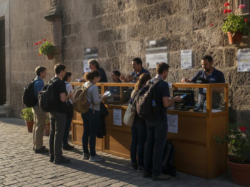 Travelers purchasing Festival Cervantino tickets at an official Guanajuato box office