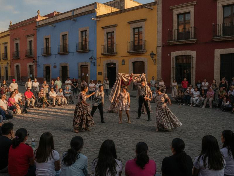 Free Cervantino street performance drawing a crowd in a Guanajuato plaza