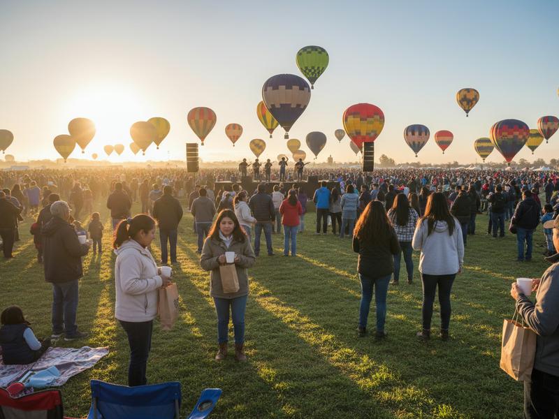 Festival crowd watching a Sunday morning performance after the balloon launch