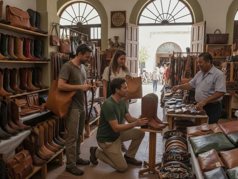 Travelers shopping for leather goods in León between festival sessions