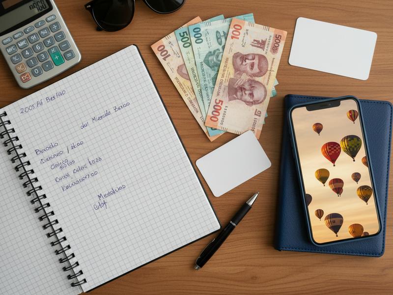 Notebook calculating Festival del Globo León tickets hotel and transport costs